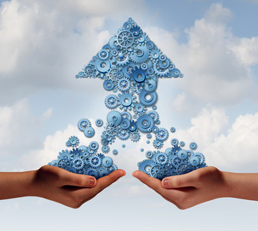 individual coaching for established coaches: Two outstreched hands are holding a pile of blue cogs. The cogs are individually floating up from each hand to create an upward arrow