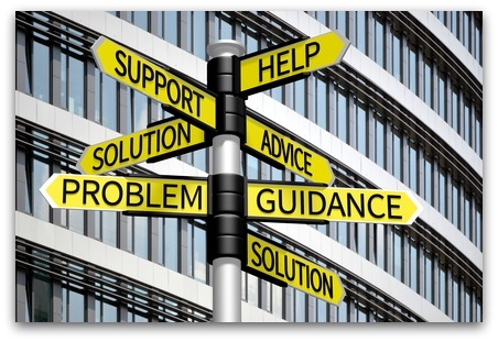 A signpost pointing in different directions all connected to solutions to a promblem. The directions being pointed to are: help, support, advice, solution, problem, guidance and a second solution.