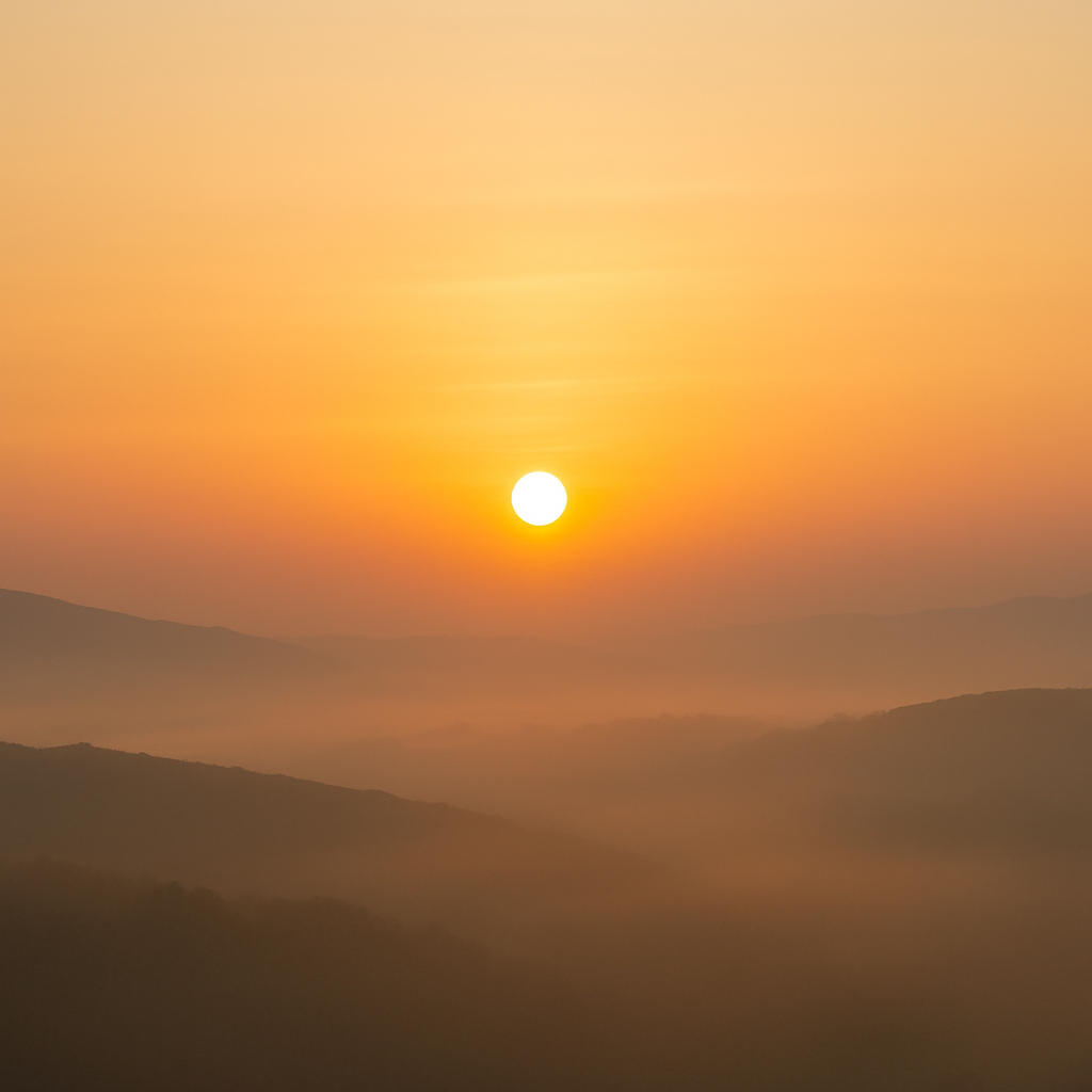 Soft golden sunrise emerging over misty hills, casting a gentle amber glow through the early morning haze. A quiet image of new possibility.