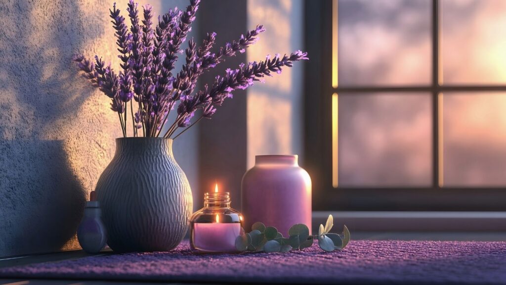 Soft natural light on a lavender arrangement, candle, and simple vessels by a window, creating a calm and grounding atmosphere.”