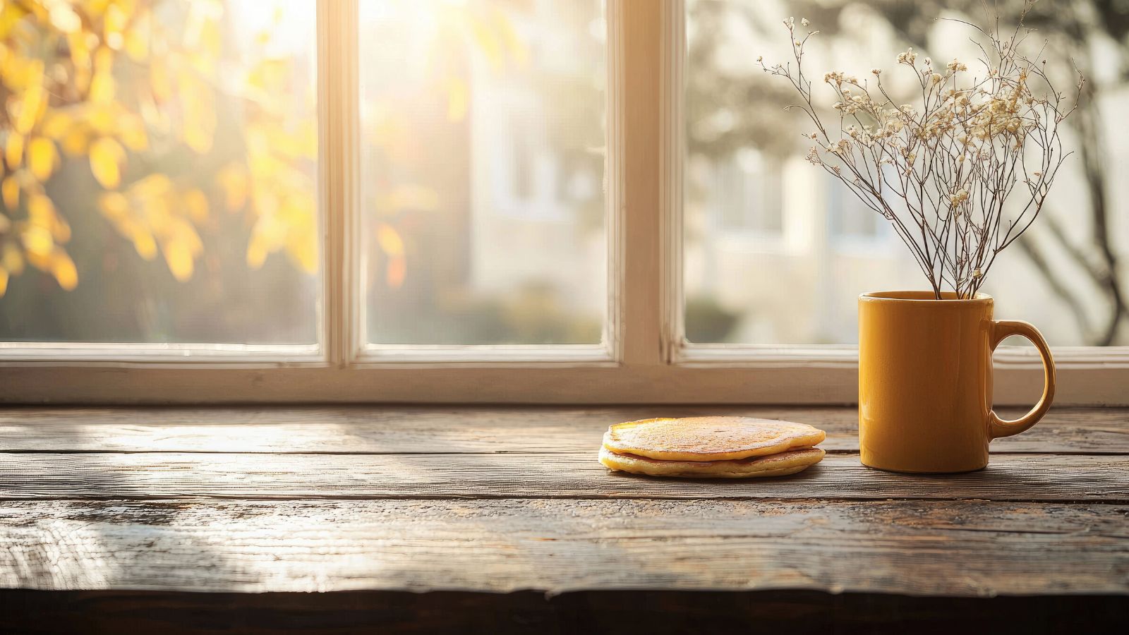 A mug holding dried stems with small pale flowers on a wooden table beside a window with soft light.