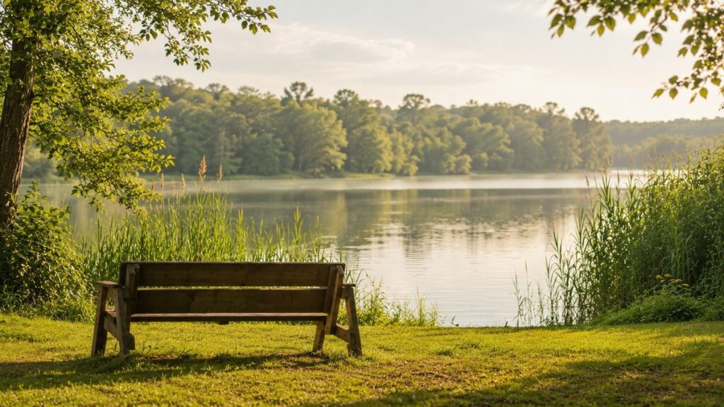A wooden bench overlooking a calm lake, surrounded by trees and tall grasses in warm afternoon light.