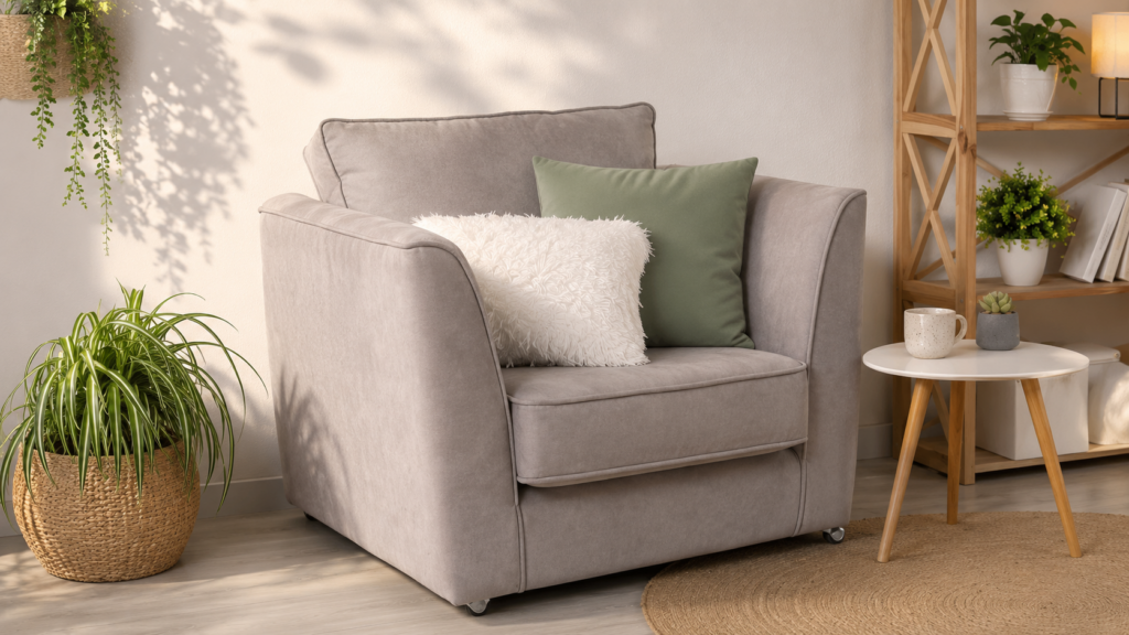 A comfortable grey armchair with white and sage green cushions in a bright, plant-filled room with a small side table.