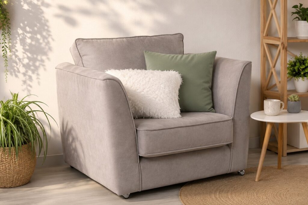 A comfortable grey armchair with white and sage green cushions in a calm room filled with natural light and houseplants.