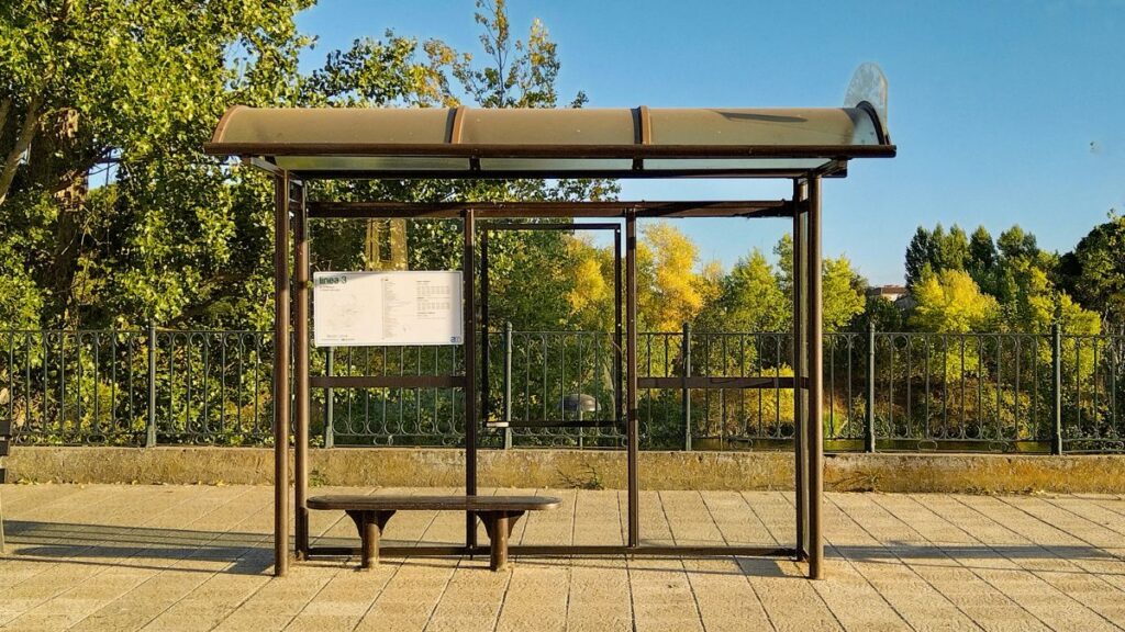 An empty bus shelter beside trees on a sunny day