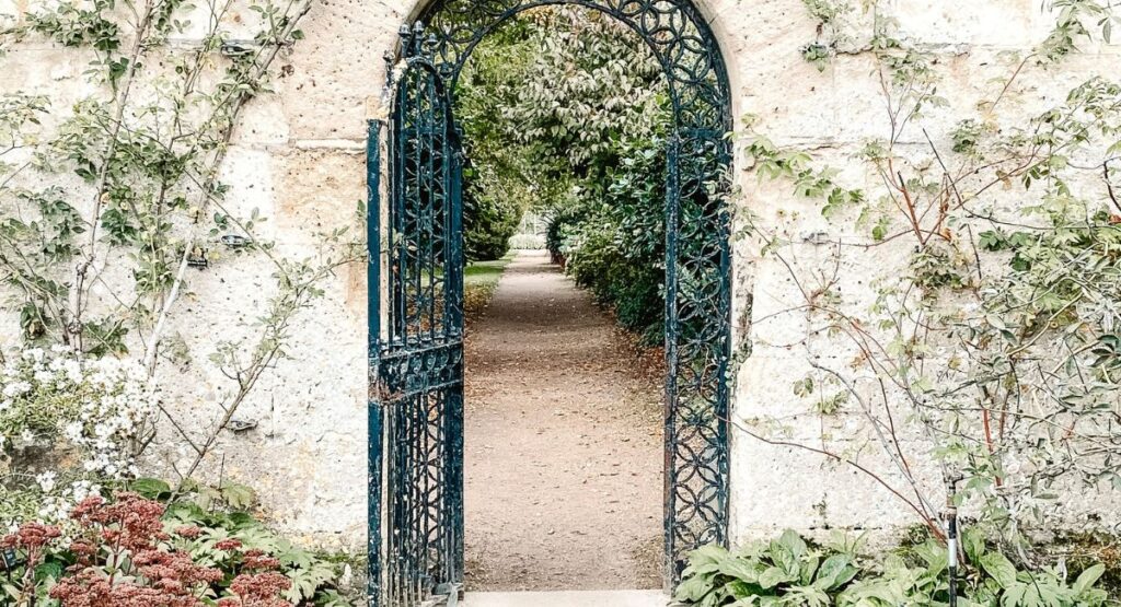 An open wrought iron garden gate leading to a peaceful tree-lined path, symbolising stepping into a new experience with curiosity rather than certainty.