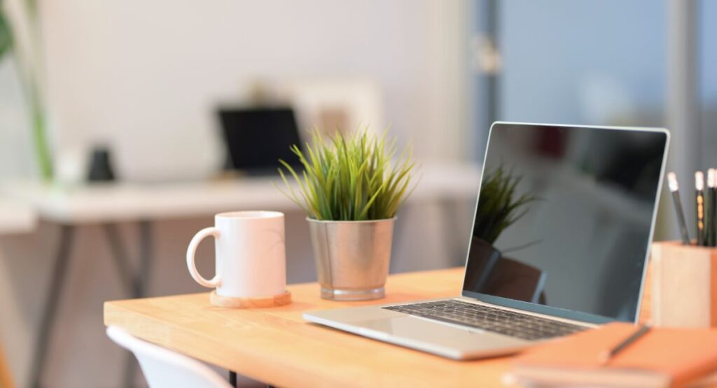 Laptop on a desk beside a mug and green plant in a softly lit home office.