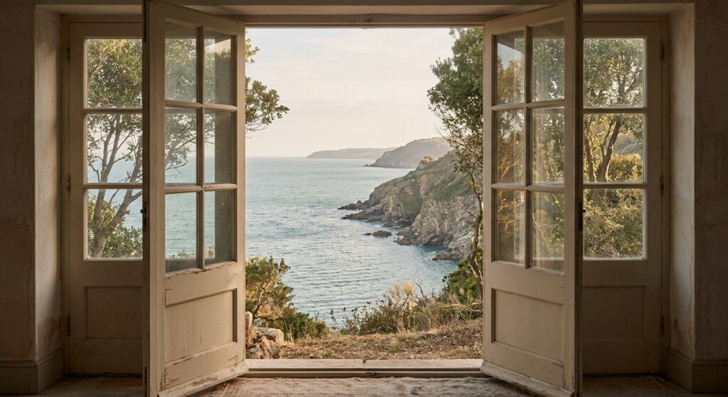 Open weathered French doors leading from a dim, worn interior room onto a view of a rocky coastal cove, cliffs and calm sea in warm evening light
