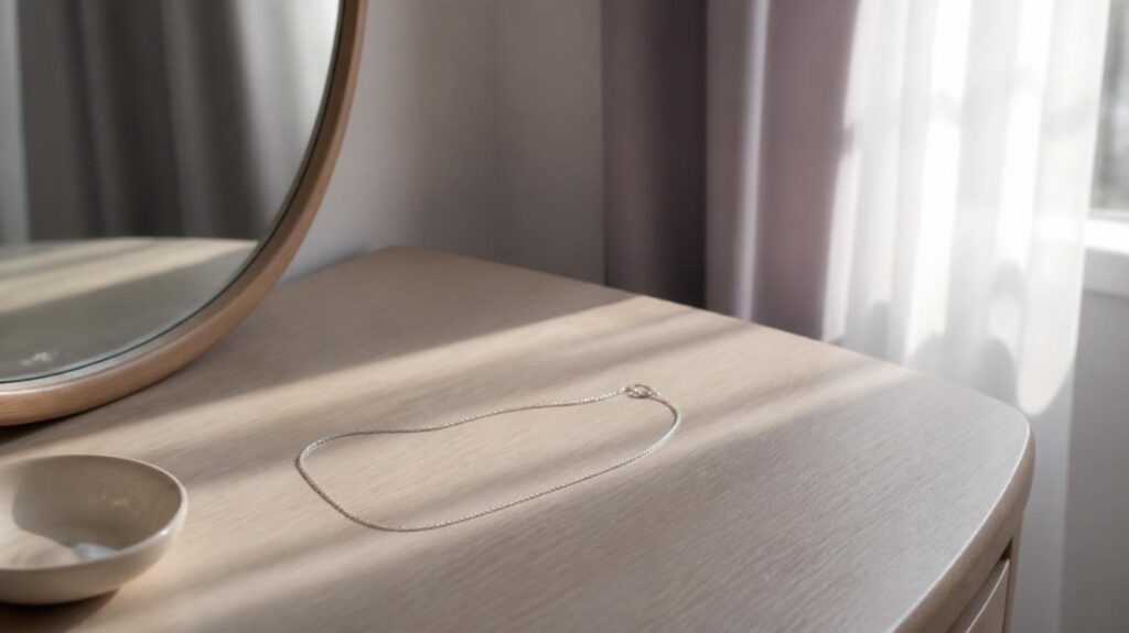 A fine silver chain necklace resting on a pale wooden dressing table beside a round mirror and a small ceramic dish, with soft sunlight falling through sheer curtains.