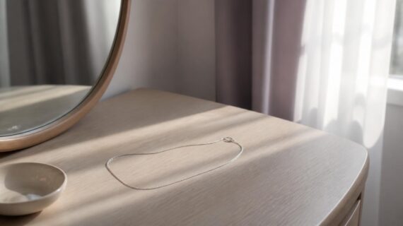 A fine silver chain necklace resting on a pale wooden dressing table beside a round mirror and a small ceramic dish, with soft sunlight falling through sheer curtains.